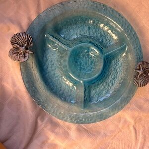 Blue Divided Serving Platter with Shell Accents